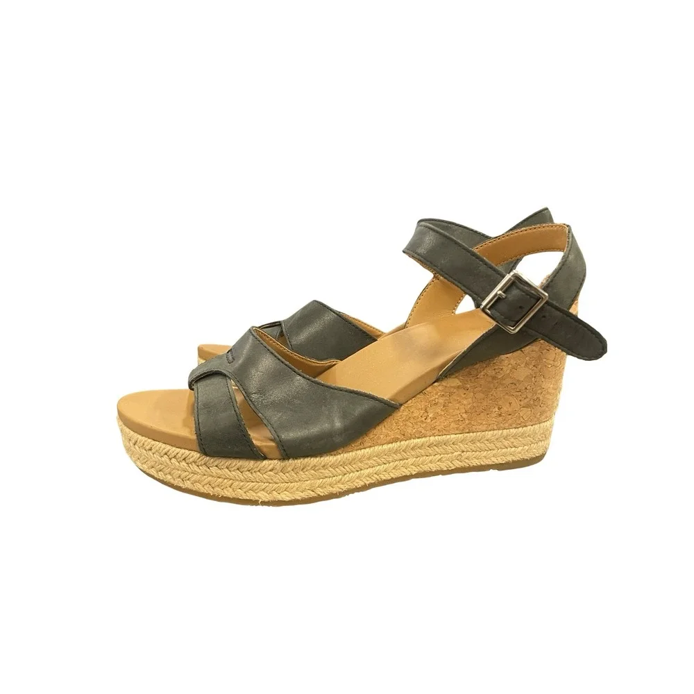 UGG Women's 1112681 Black Leather Cork Wedge Espadrille Sandals Sz 7 boho beach